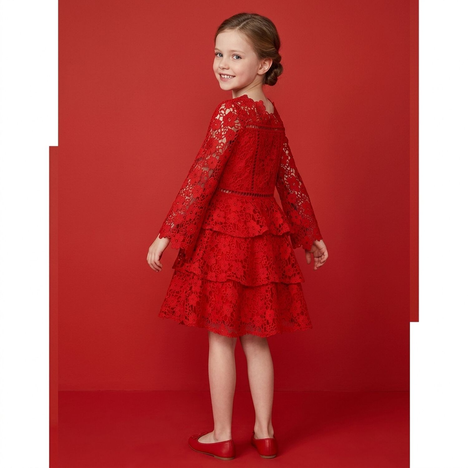 Girls Red Foral Lace Dress , 1, hi-res
