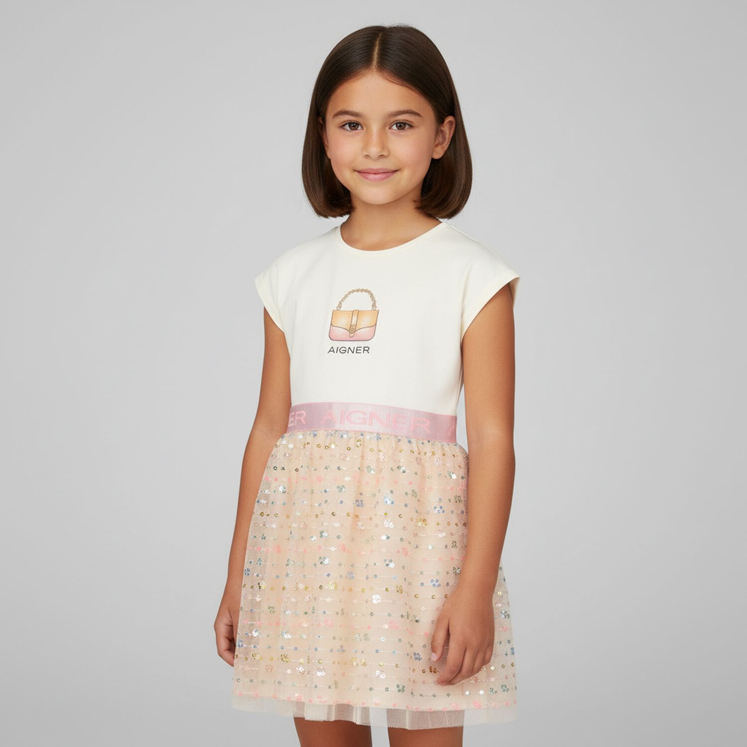 Girls Ivory & Pink Logo Sequin Dress, 1, hi-res image number null