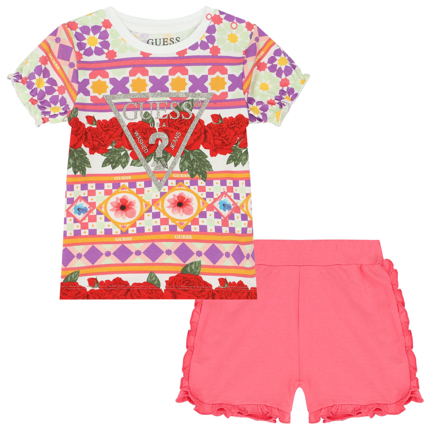 طقم شورت بنات بالشعار متعدد الألوان, 1, hi-res