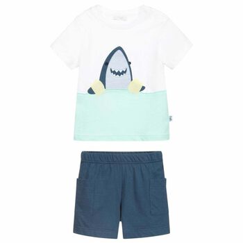 Younger Boys White & Navy Shorts Set