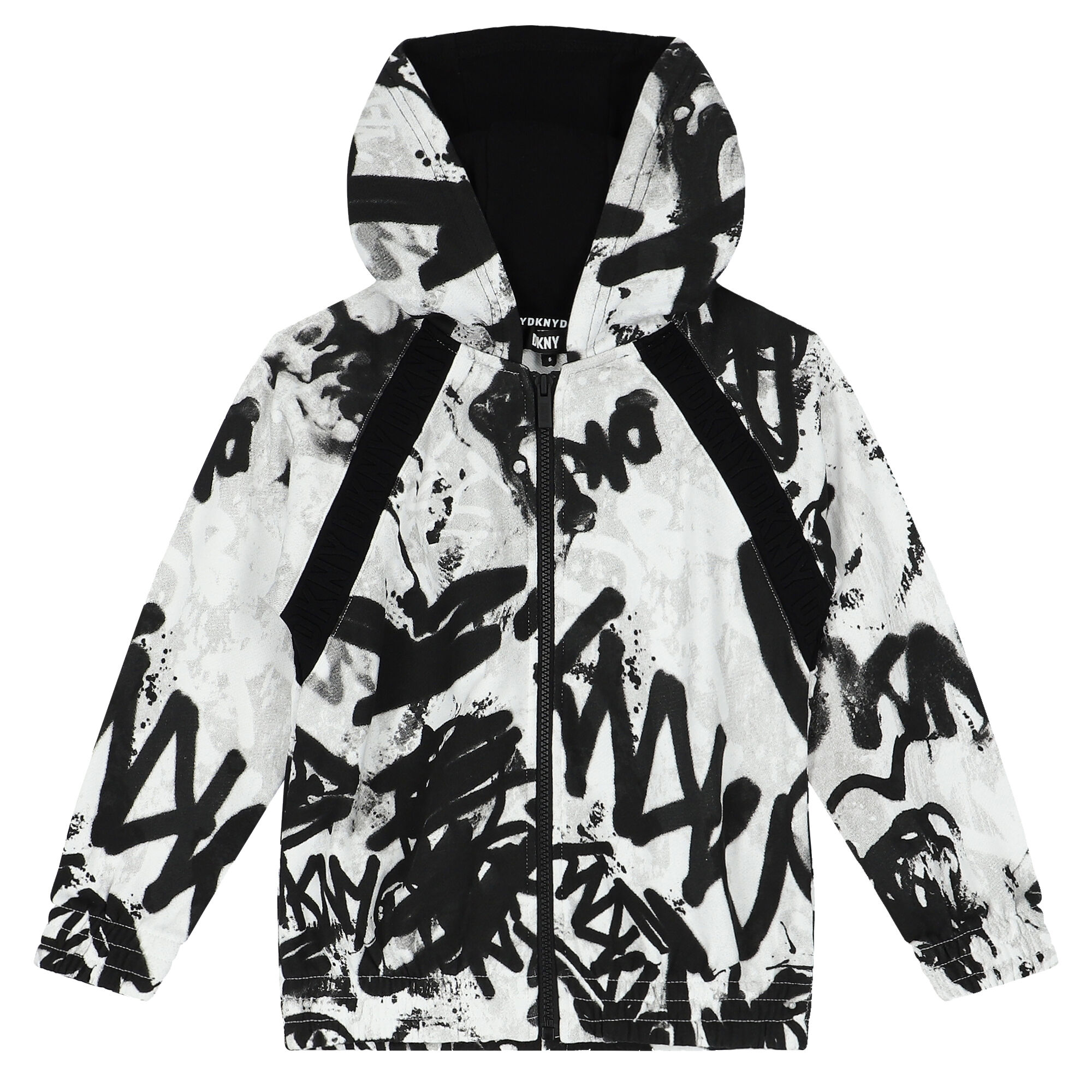DKNY White Black Graffiti Logo Hooded Zip Up Top Junior