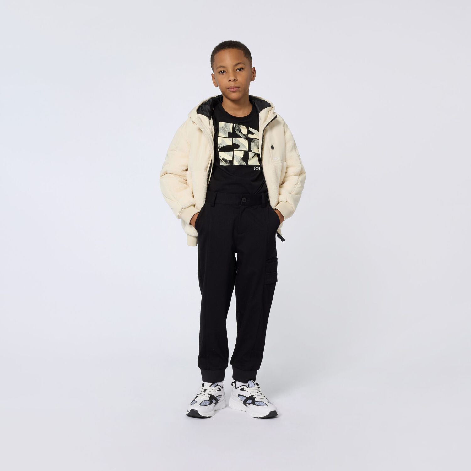 Boys Black Logo Trousers, 1, hi-res