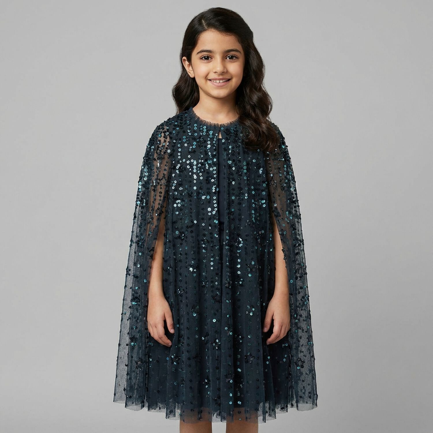 Girls Blue Sequin & Star Cape Dress , 2, hi-res