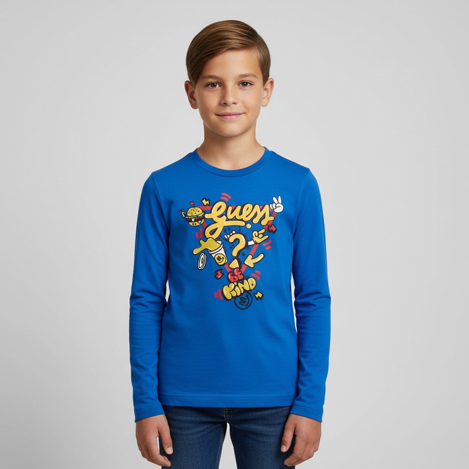 توب أولاد بأكمام بالشعار باللون الأزرق, 2, hi-res