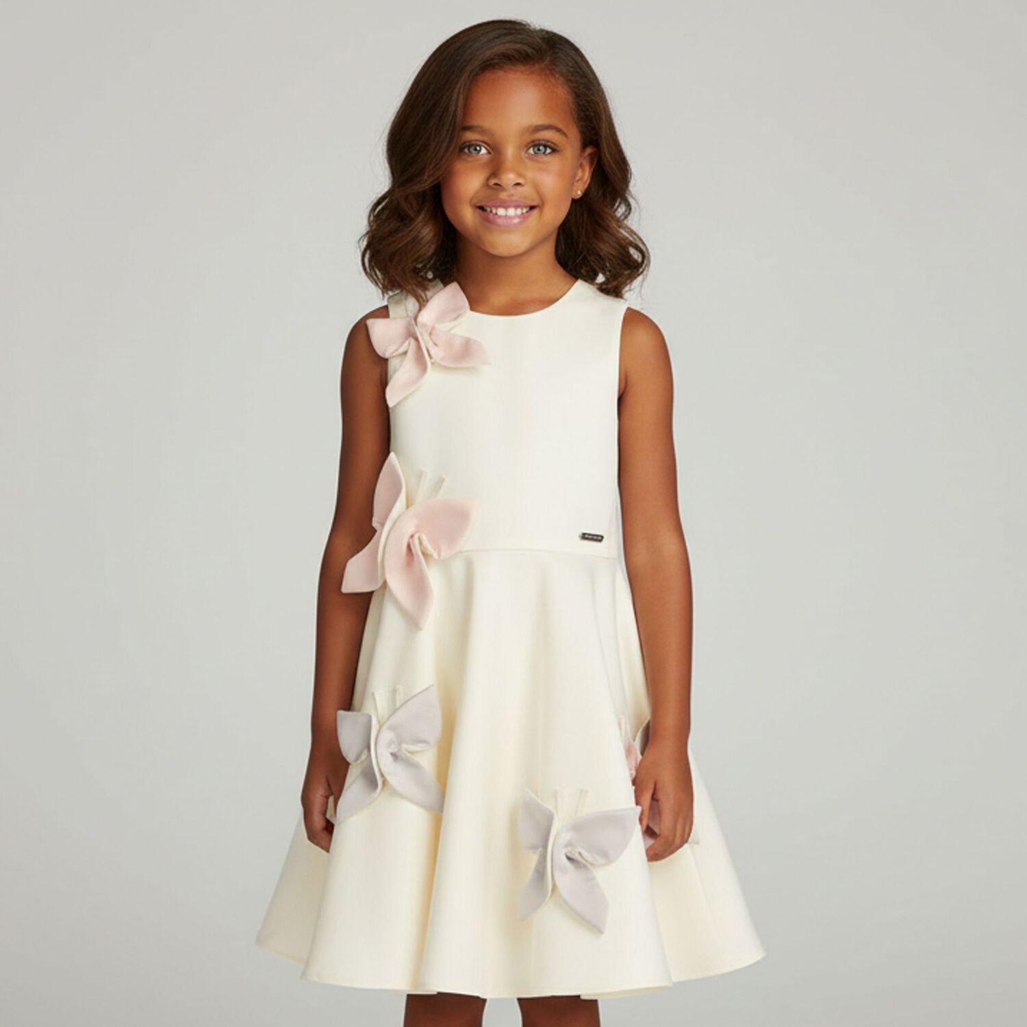 Girls Ivory Butterfly Satin Dress, 1, hi-res