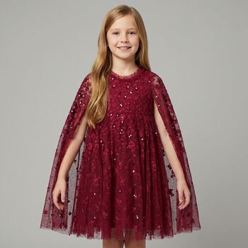 Girls Red Embroidered & Sequinned Tulle Cape Dress