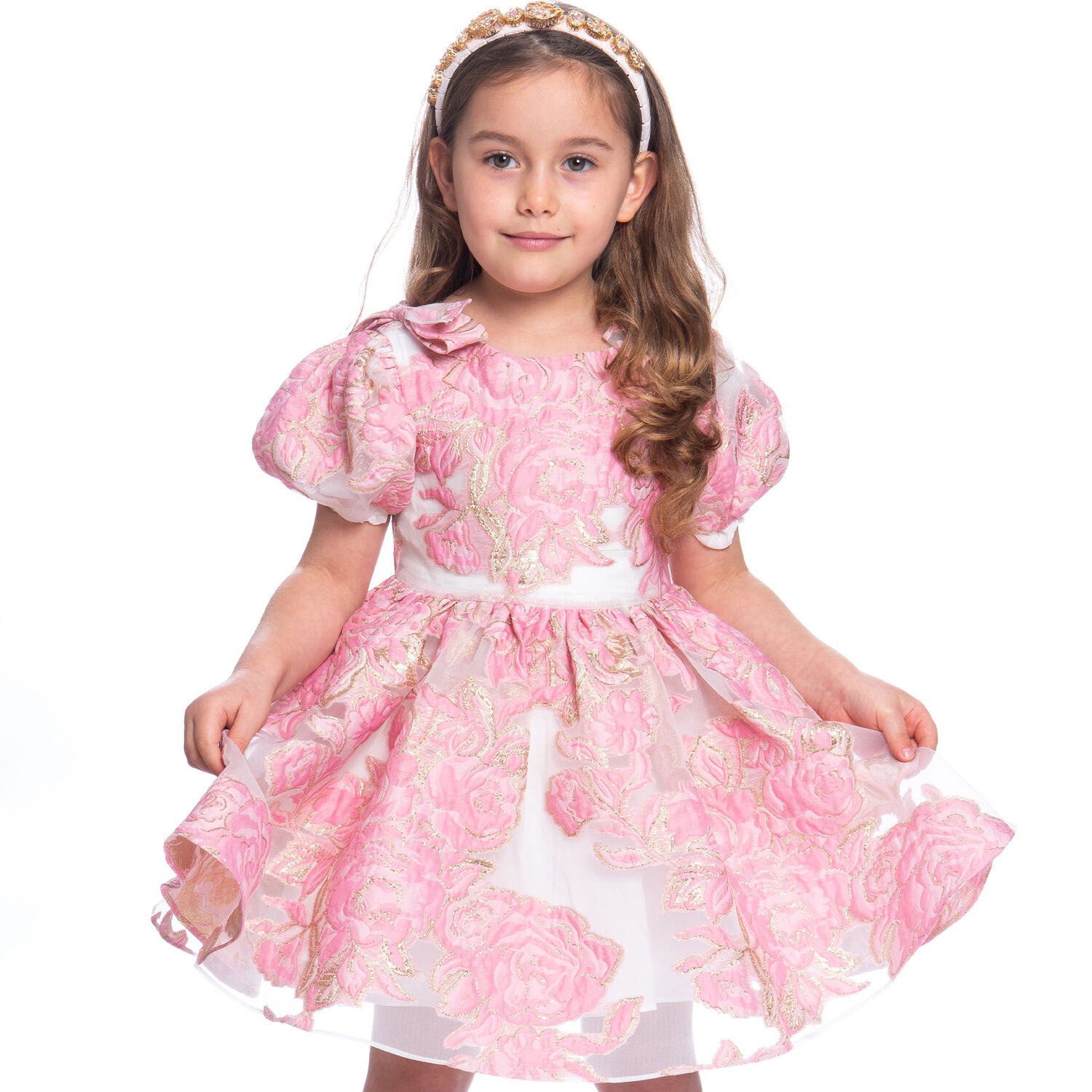 Girls Pink & Gold Floral Brocade Dress, 1, hi-res