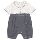Baby Boys White & Navy Blue Striped Romper, 1, hi-res