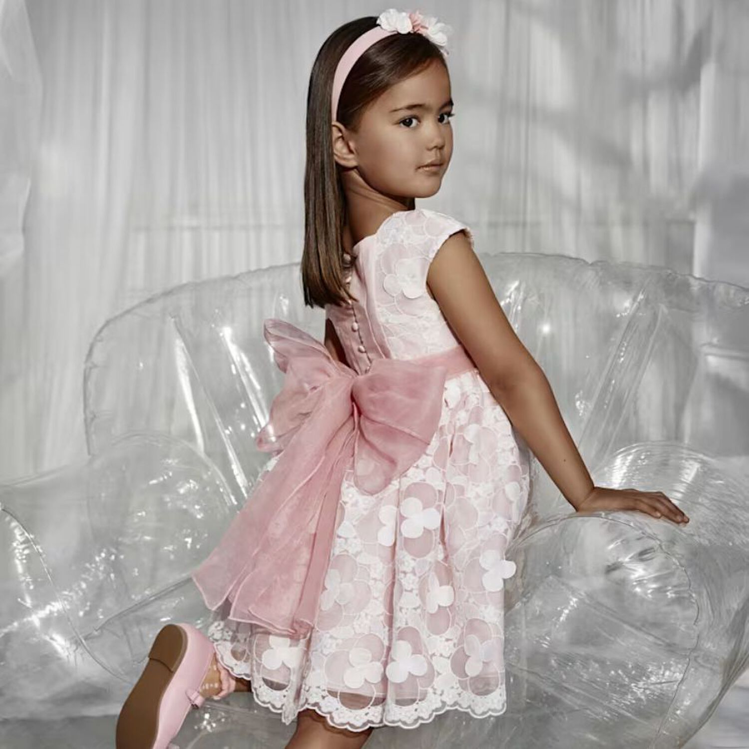 Girls Pink & White Embroidered Organza Dress, 1, hi-res
