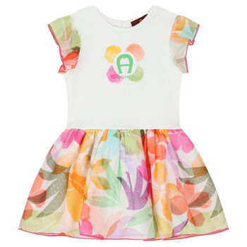 Younger Girls White Floral Logo Dress