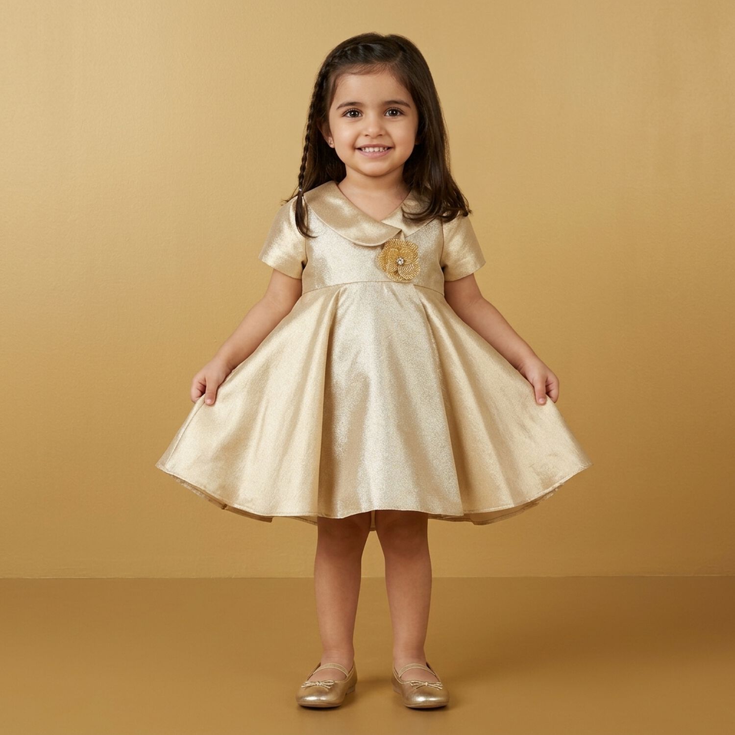 Baby Girls Gold Flower Satin Dress, 1, hi-res