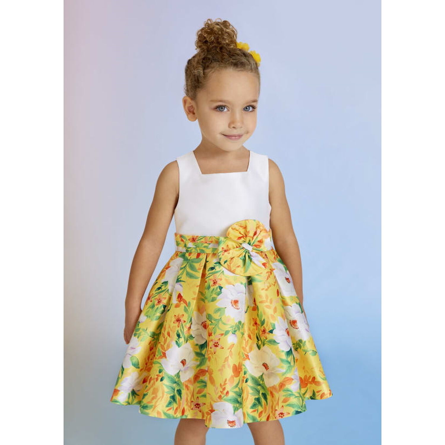 Girls White & Yellow Floral Dress, 2, hi-res