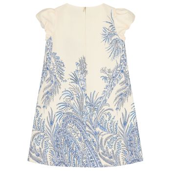 فستان بنات باكمام منفوخه باللون العاجى والازرق 