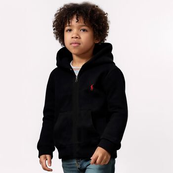 Boys Black Logo Hooded Zip Up Top