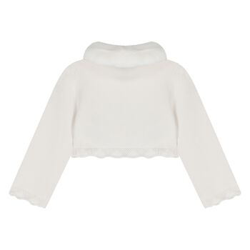Younger Girls Ivory Faux Fur Collar Cardigan