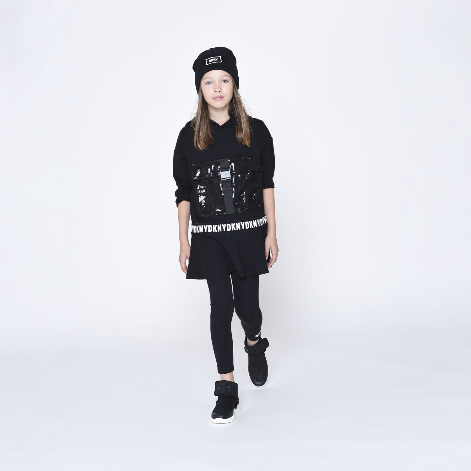 Girls Black Logo Sequin Hooded Dress, 1, hi-res image number null