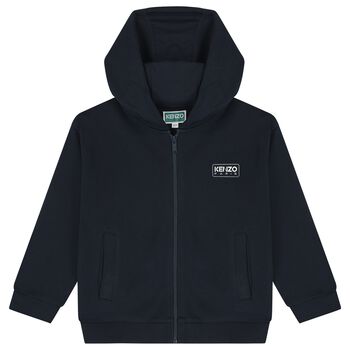 Navy Blue Logo Hooded Zip Up Top