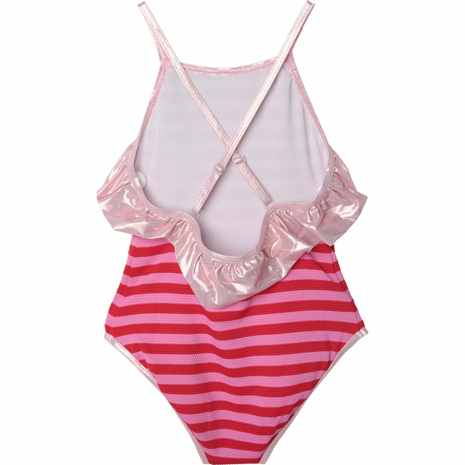 Girls Pink & Red Striped Logo Swimsuit, 1, hi-res image number null