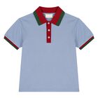 Younger Boys Blue Web Stripe Polo Shirt, 1, hi-res