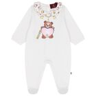 Baby Girls White Teddy Bear Logo Babygrow, 1, hi-res