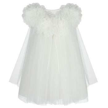 Girls White Organza Floral & Tulle Cape Dress
