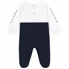 Baby Boys White & Navy Logo Babygrow, 1, hi-res