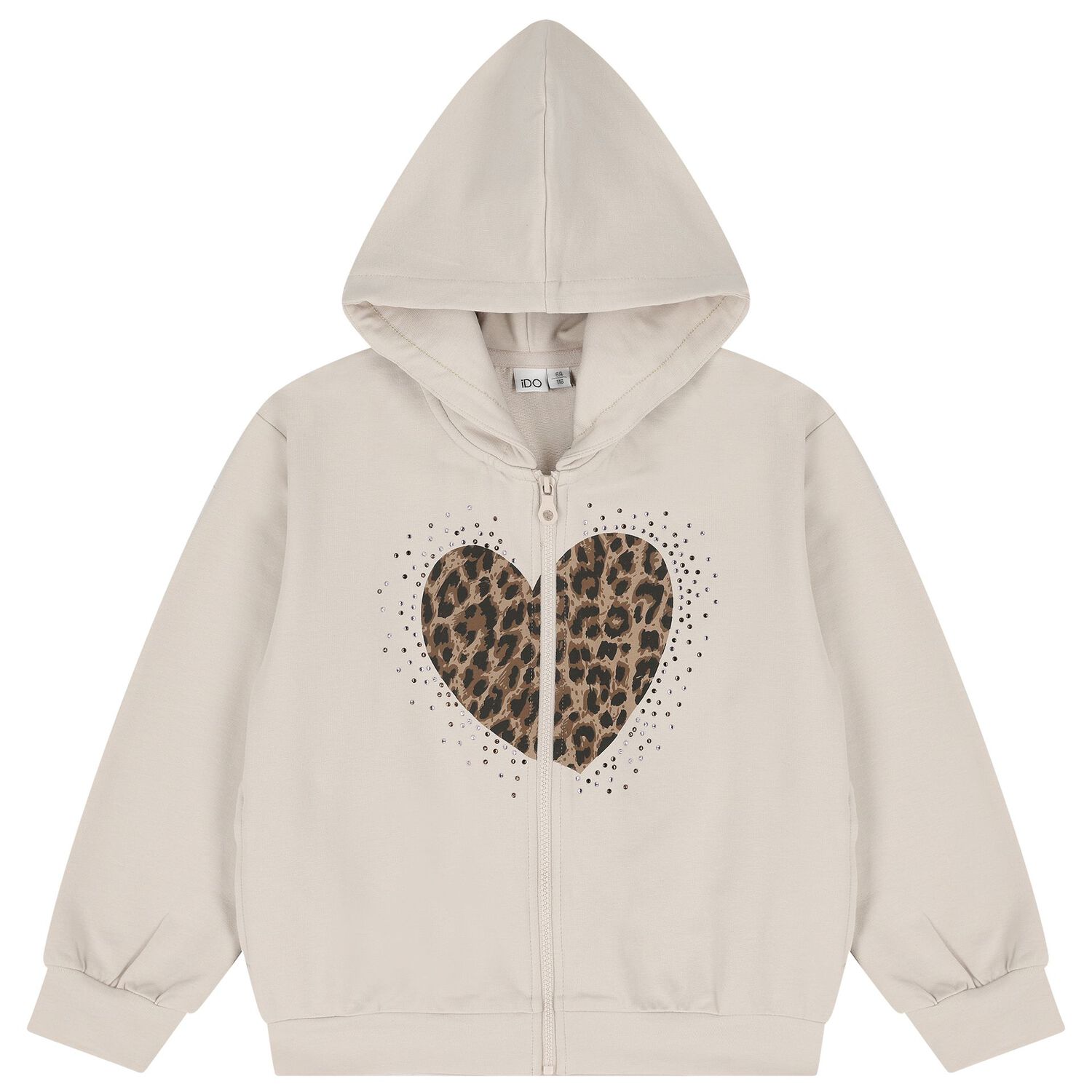 Girls Beige Heart Hooded Zip Up Top, 1, hi-res