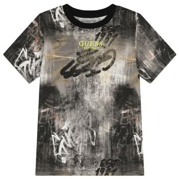 تي شيرت أولاد بالشعار باللون البيج والرمادي