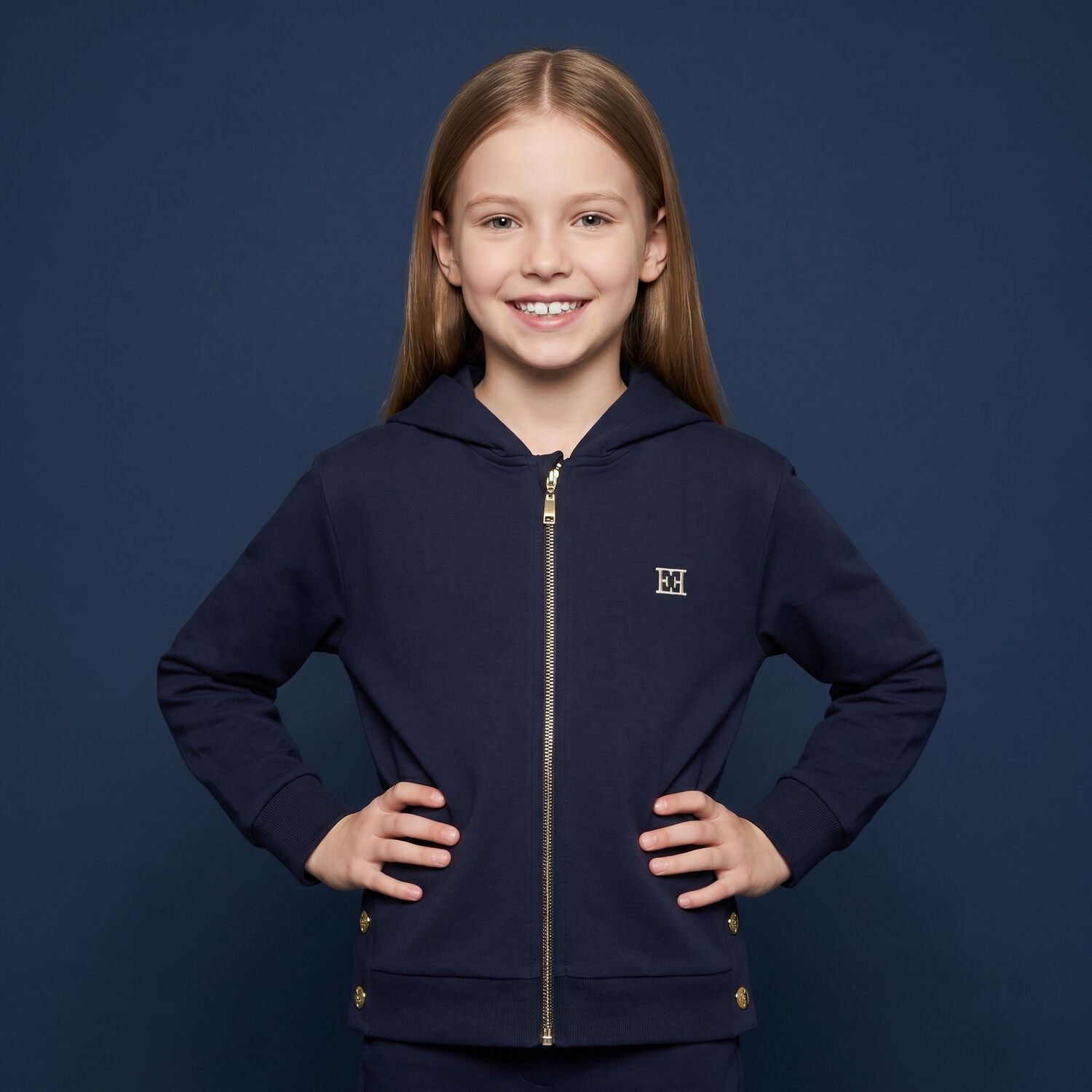 Girls Navy Blue Logo Hooded Zip Up Top, 1, hi-res