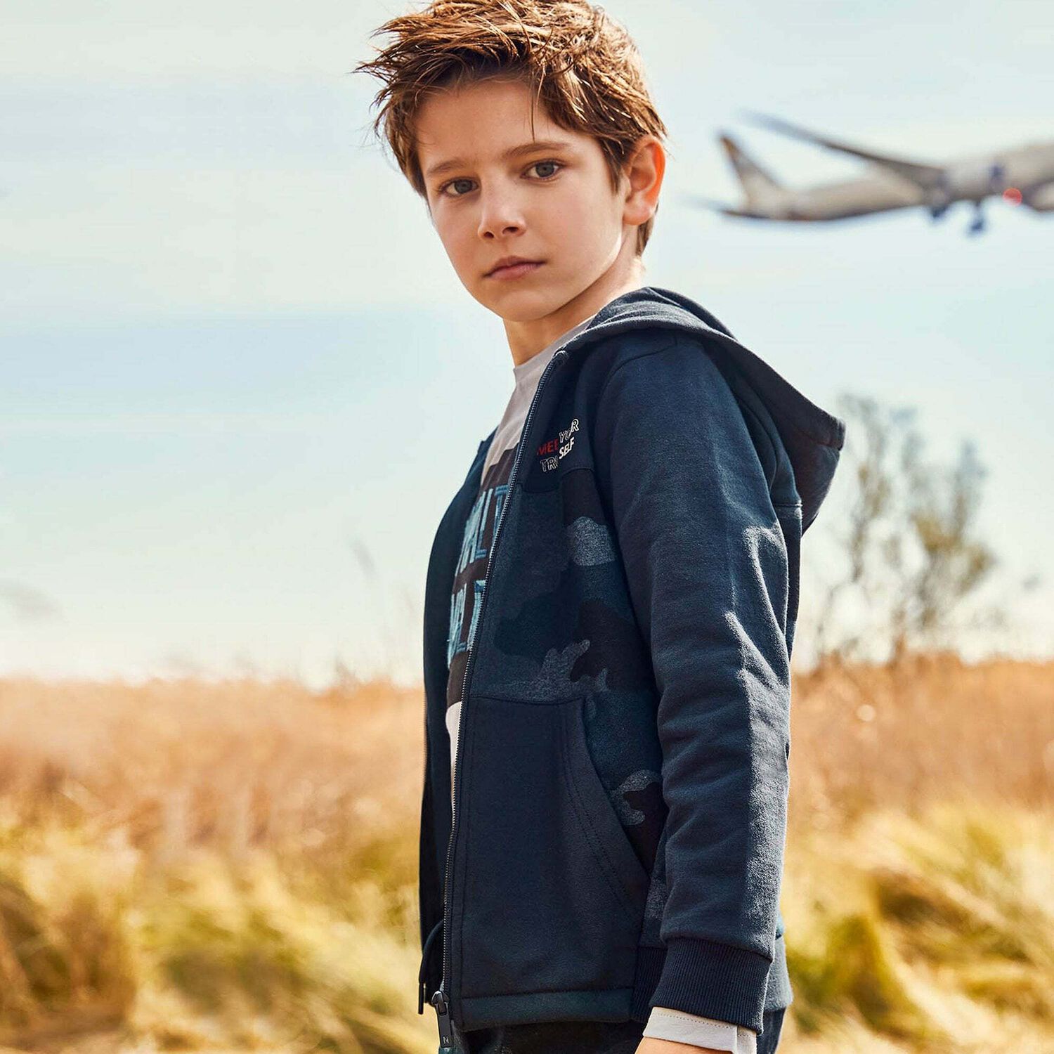 Boys Navy Camouflaged Zip Up Top, 1, hi-res image number null