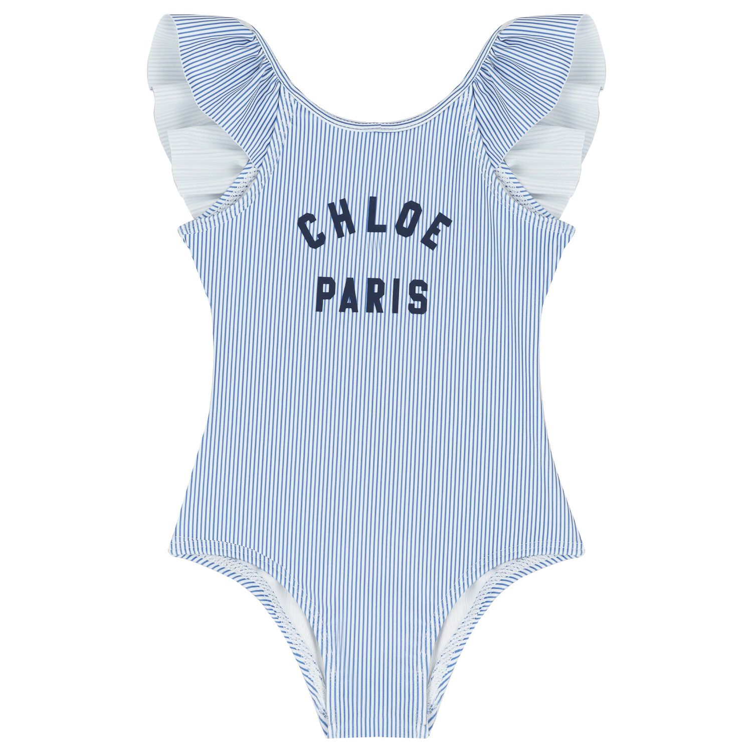 Girls White & Blue Striped Logo Swimsuit, 1, hi-res