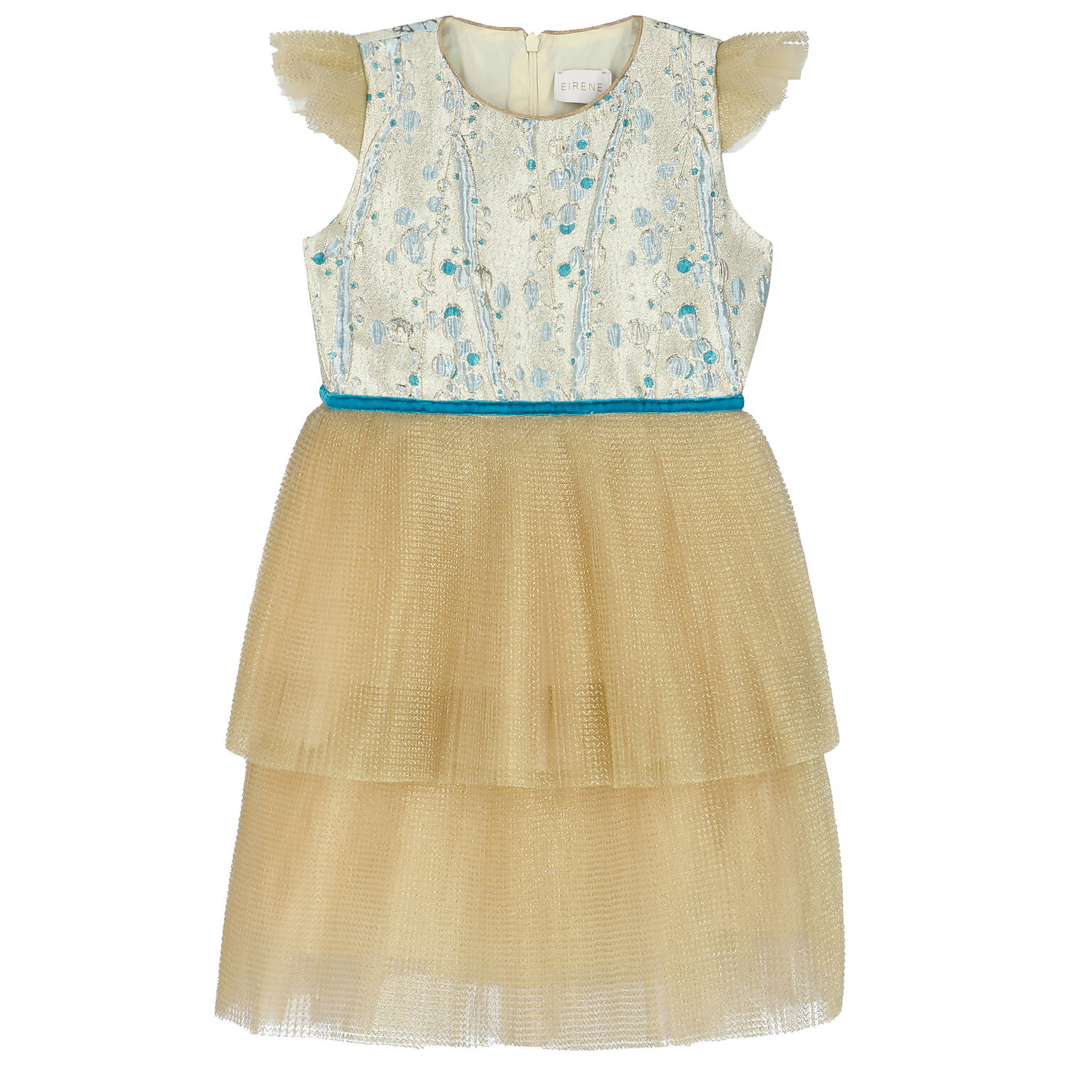 Girls Gold & Turquoise Special Occasion Tulle Dress, 1, hi-res