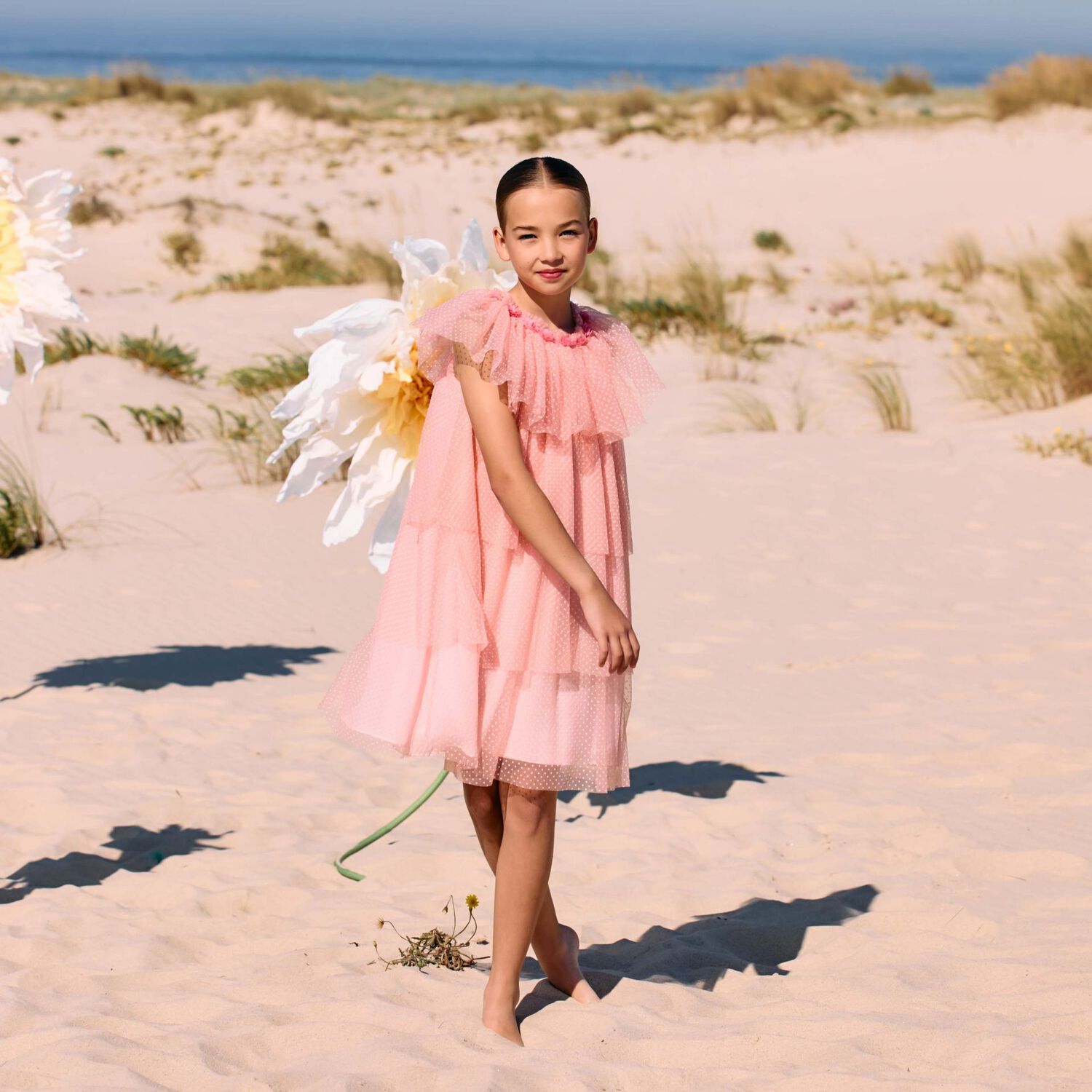 فستان بنات بولكا منقط باللون الوردي, 1, hi-res