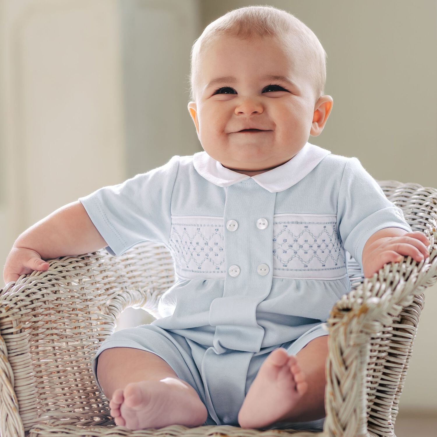 Baby Boys Blue Embroidered Romper, 1, hi-res