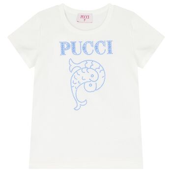 Girls White Cotton Beads Embellished Logo T-Shirt