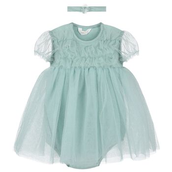 طقم فستان بودي سوت باللون الأخضر للبنات  