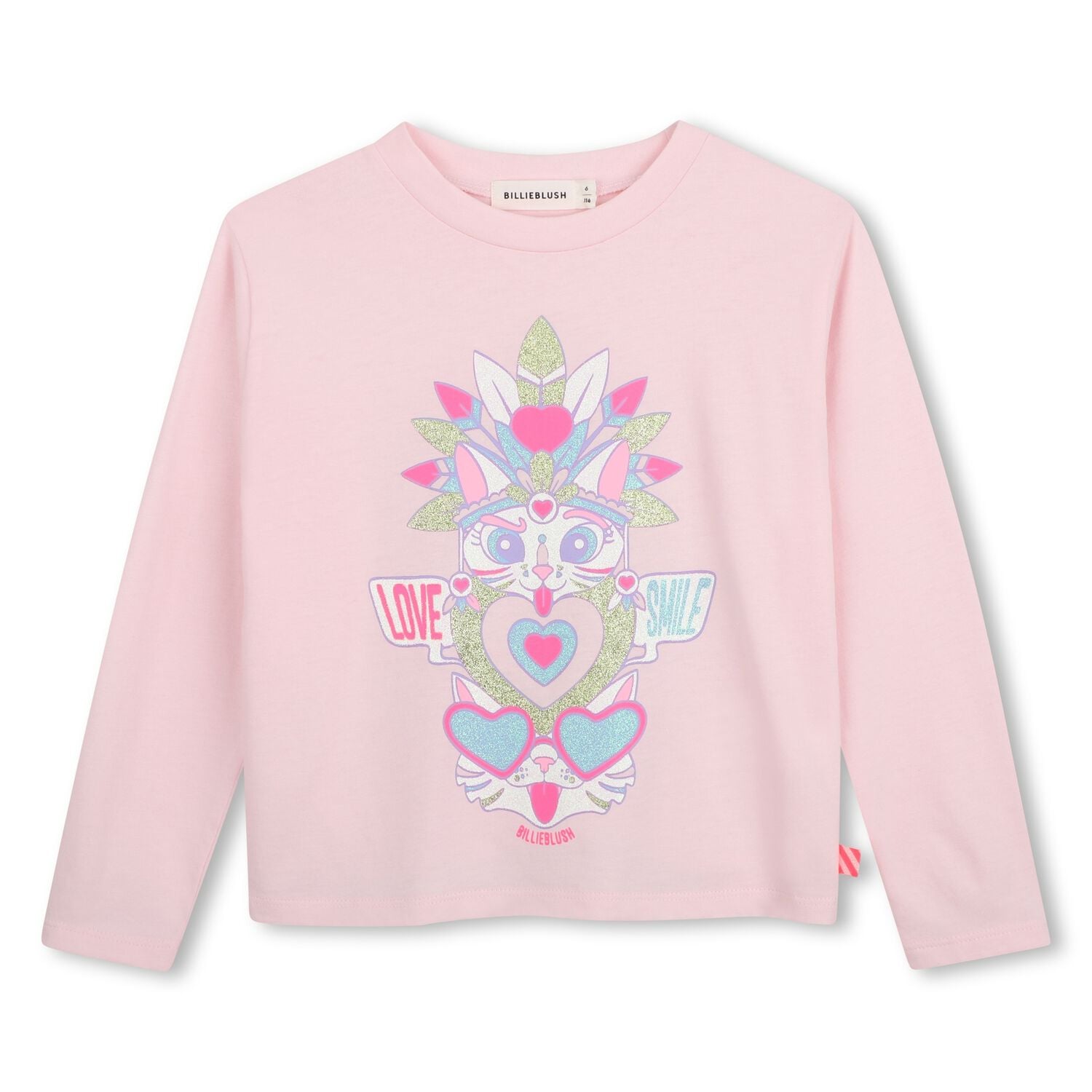 Girls Pink Glitter Cat Long Sleeve Top, 1, hi-res