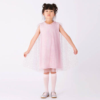 Girls Pink Chiffon Embellished Cape Dress