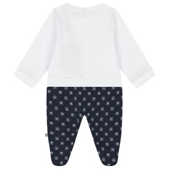 Baby Boys White & Navy Blue Logo Babygrow