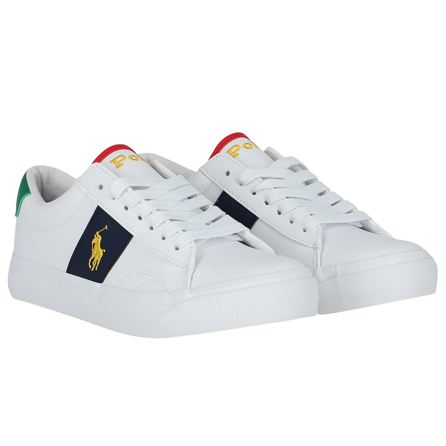 Boys White & Navy Blue Logo Trainers, 1, hi-res