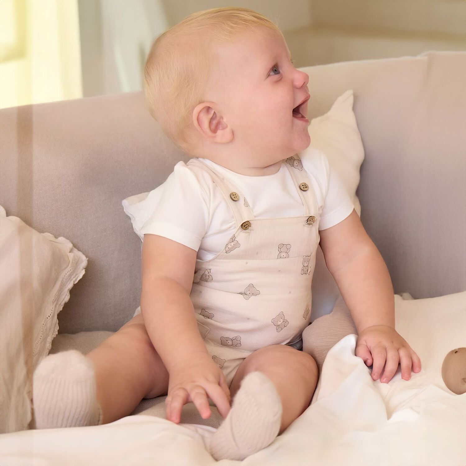 Baby Boys White & Beige Dungaree Set, 1, hi-res