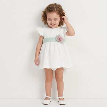 Baby Girls Ivory & Green Flower Dress Set