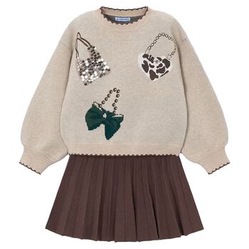 Girls Beige Knitted Skirt Set