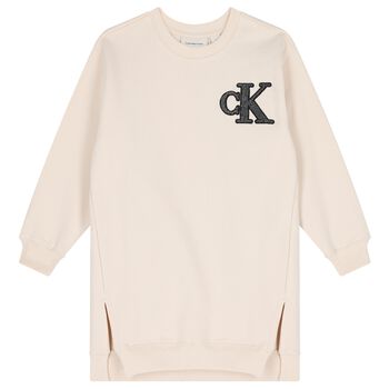 Girls Beige Logo Sweatshirt Dress