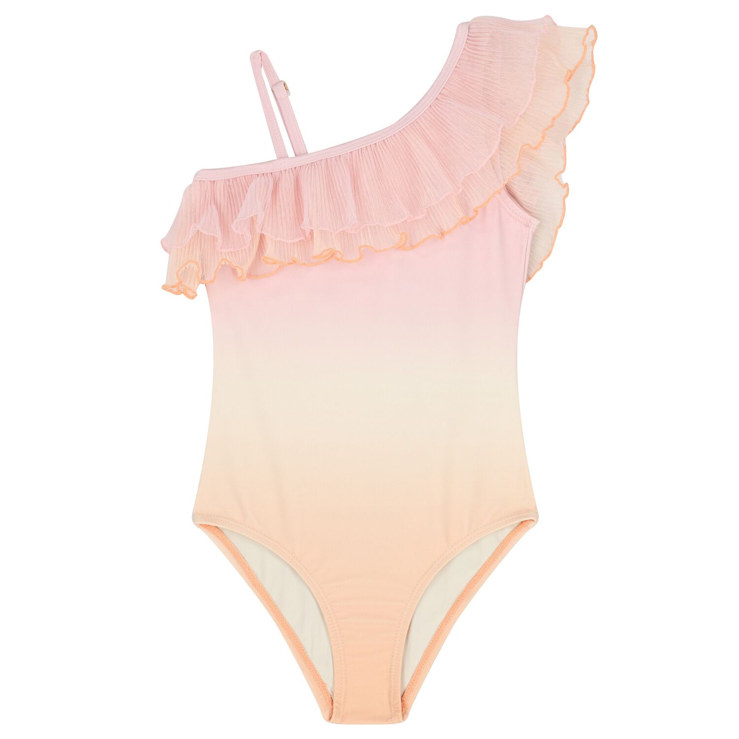 Girls  Beige & Pink Ruffled Swimsuit, 1, hi-res