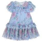 Girls Blue Floral Tulle Dress, 2, hi-res