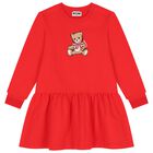 Girls Red Teddy Bear Logo Dress, 1, hi-res