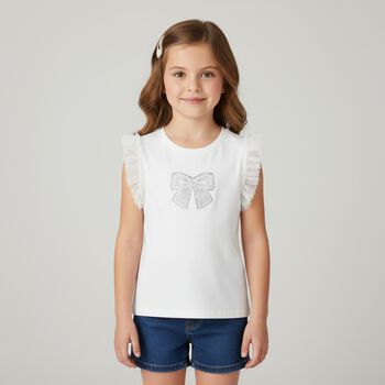 Girls White Diamante Bow Top