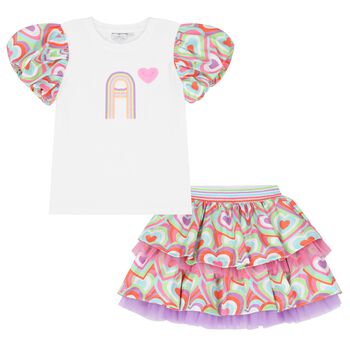 Girls Pink Cotton Sequin & Heart Skirt Set