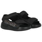 Boys Black Logo Sandals, 1, hi-res